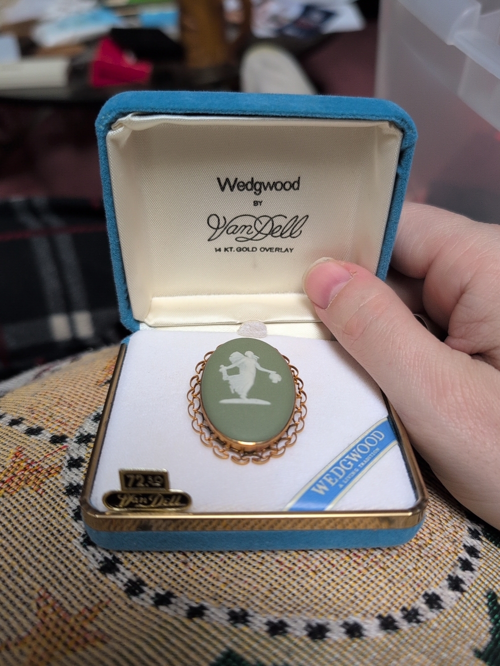 Wedgwood VanDell Green Jasperware Cameo Brooch - 14K Gold Overlay